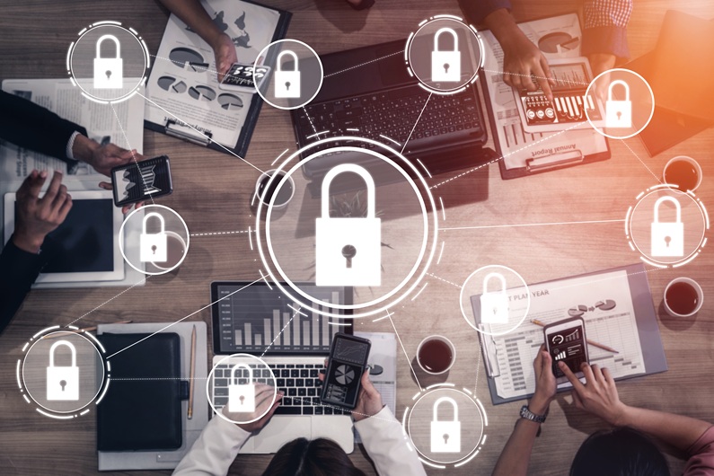 Cyber Security and Digital Data Protection Concept. Icon graphic interface showing secure firewall technology for online data access defense against hacker, virus and insecure information for privacy.